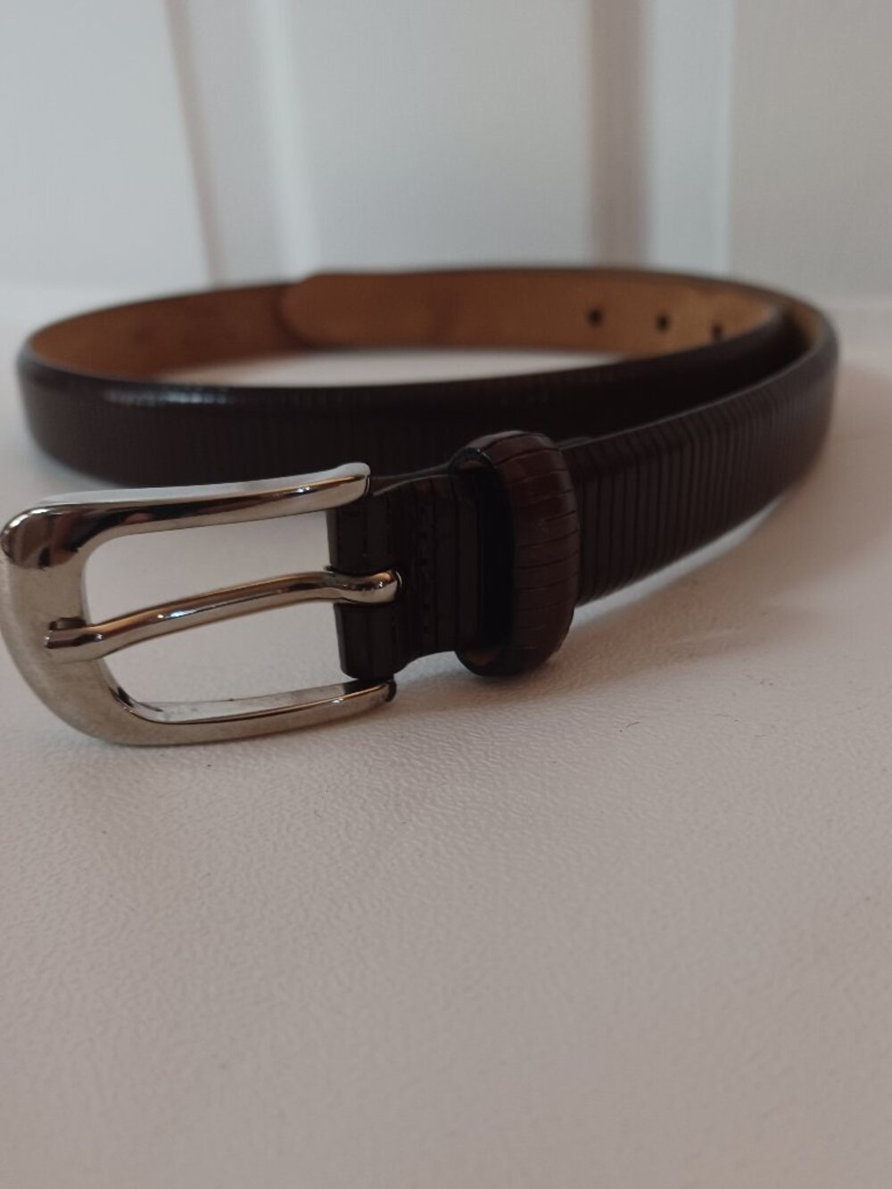 Vintage Talbots Brown Ribbed Leather Belt, Made in Italy Silver Buckle Size M